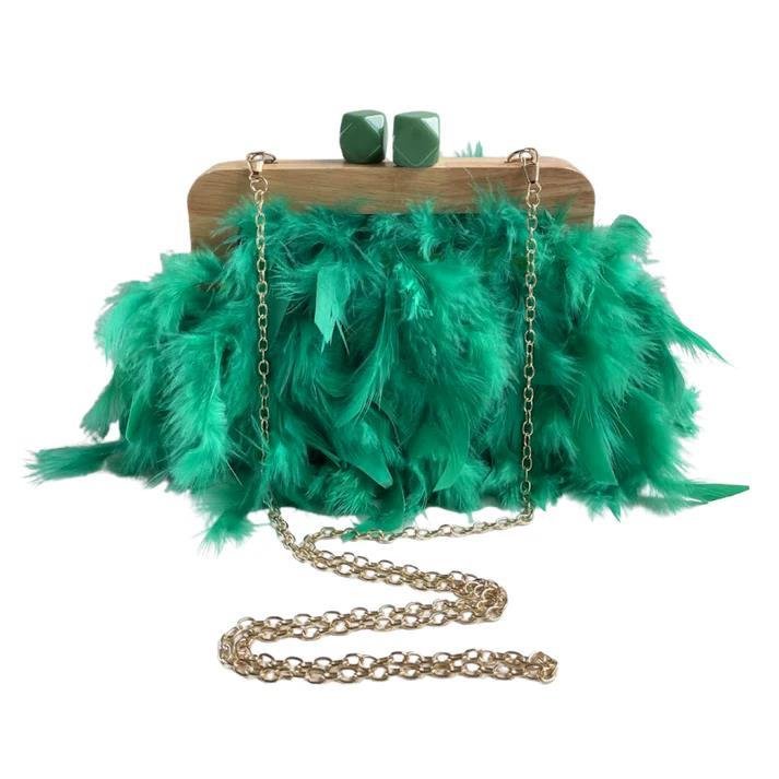 BOLSA CLUTCH MADEIRA COM PLUMAS